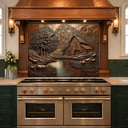 Rustic Barn Sheep Landscape Glass Backsplash, Sepia Farmhouse Kitchen Panel