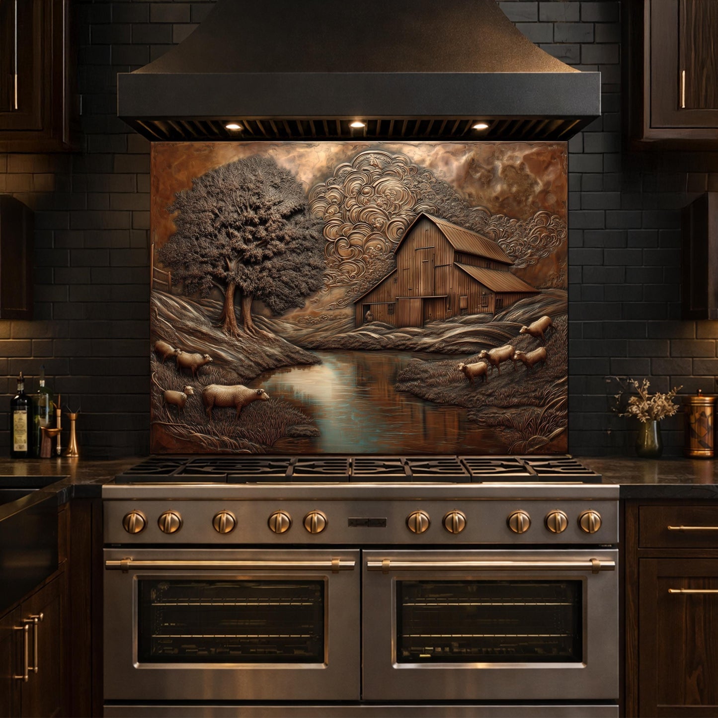 Rustic Barn Sheep Landscape Glass Backsplash, Sepia Farmhouse Kitchen Panel