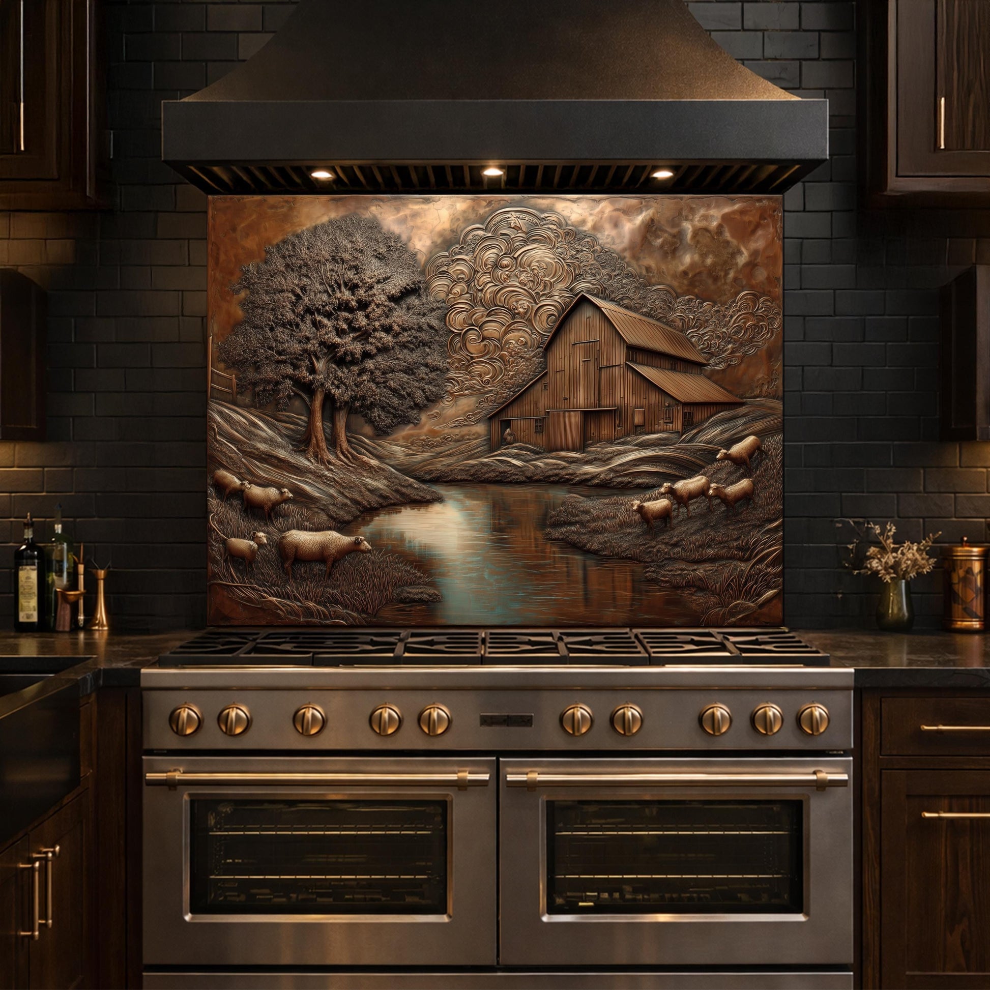 Rustic Barn Sheep Landscape Glass Backsplash, Sepia Farmhouse Kitchen Panel