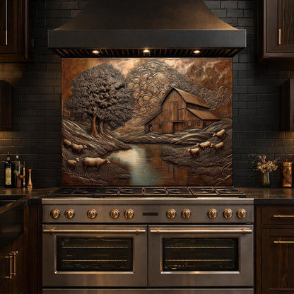 Rustic Barn Sheep Landscape Glass Backsplash, Sepia Farmhouse Kitchen Panel