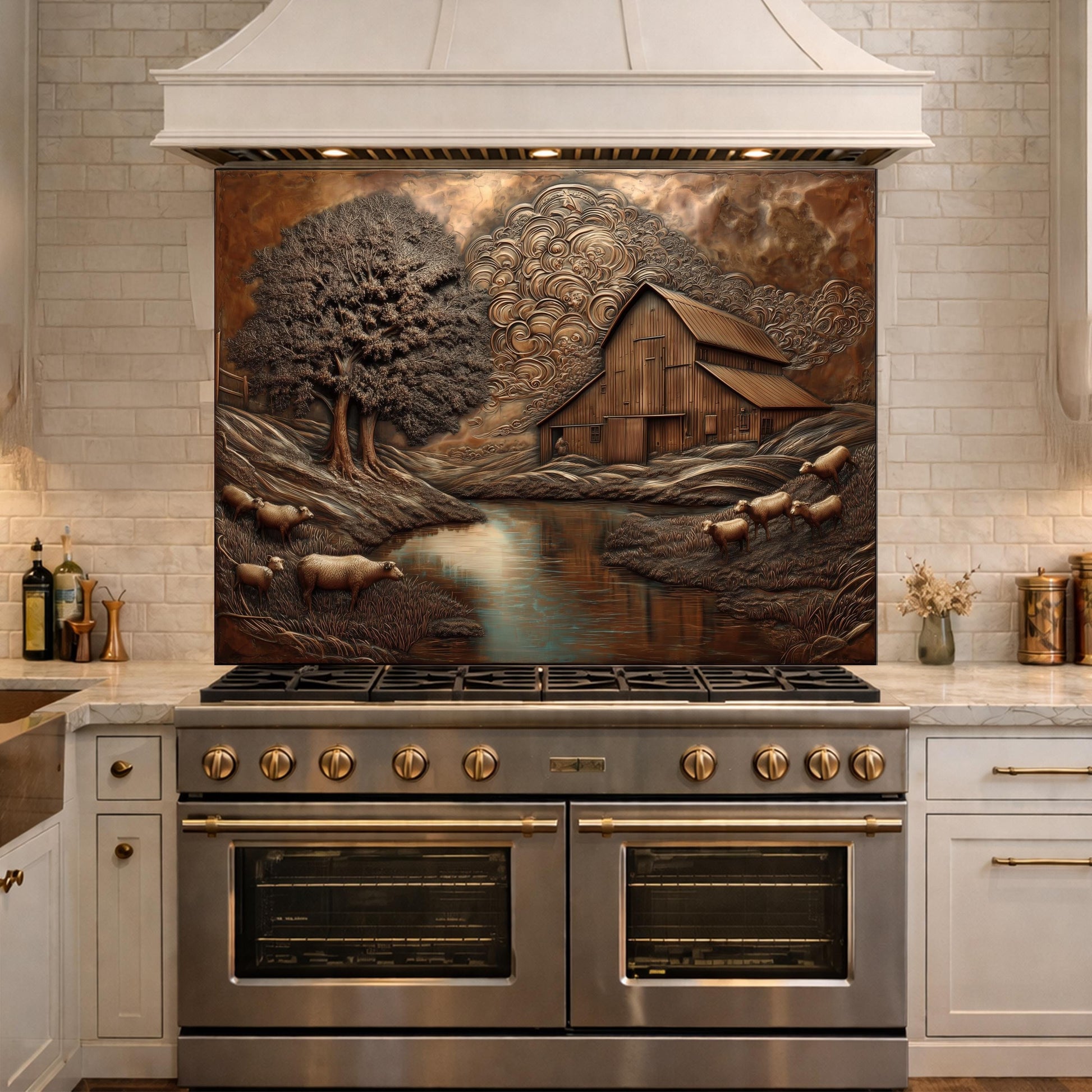 Rustic Barn Sheep Landscape Glass Backsplash, Sepia Farmhouse Kitchen Panel