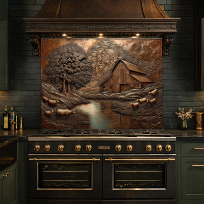 Rustic Barn Sheep Landscape Glass Backsplash, Sepia Farmhouse Kitchen Panel