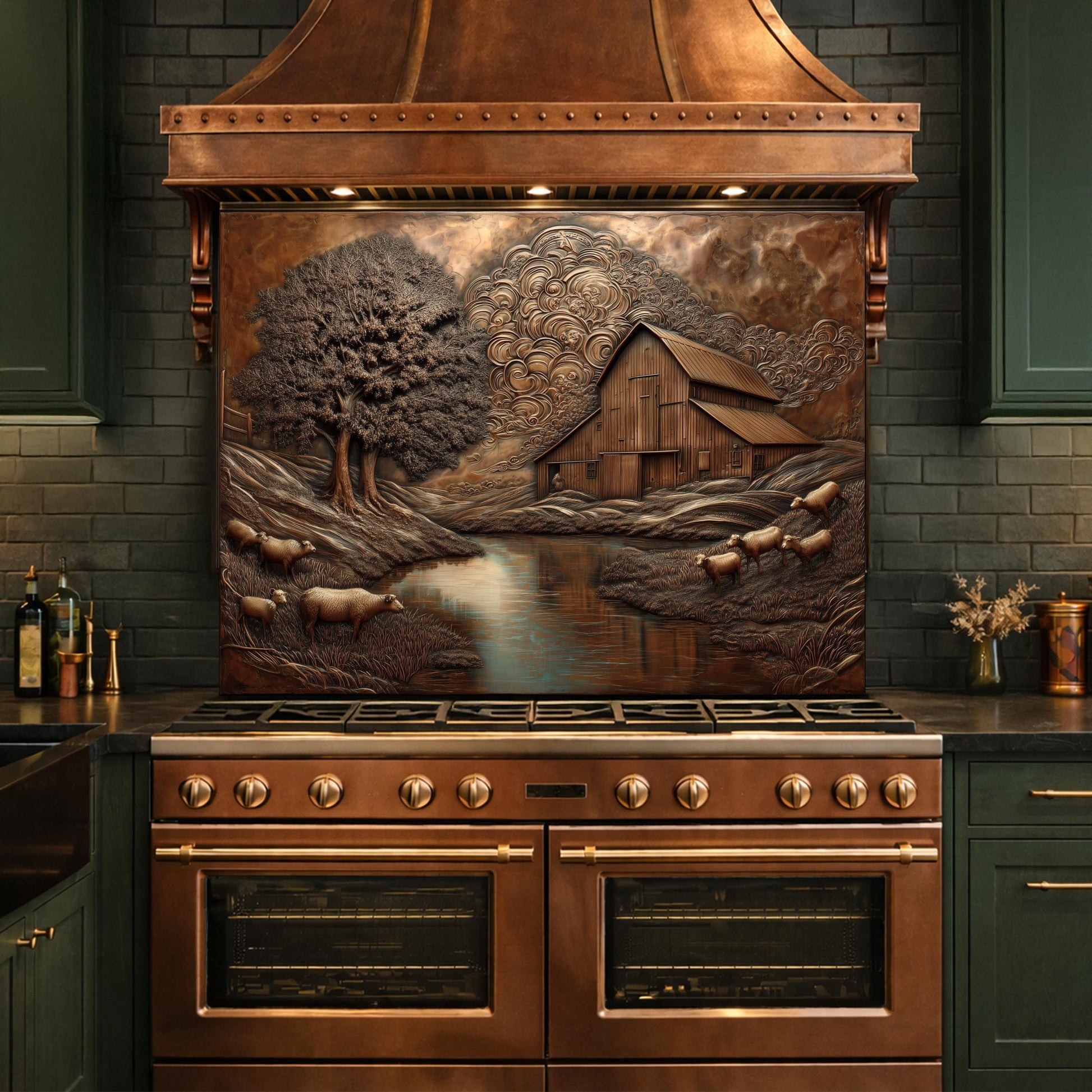 Rustic Barn Sheep Landscape Glass Backsplash, Sepia Farmhouse Kitchen Panel