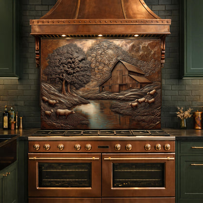 Rustic Barn Sheep Landscape Glass Backsplash, Sepia Farmhouse Kitchen Panel