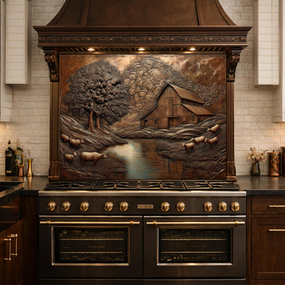 Rustic Barn Sheep Landscape Glass Backsplash, Sepia Farmhouse Kitchen Panel