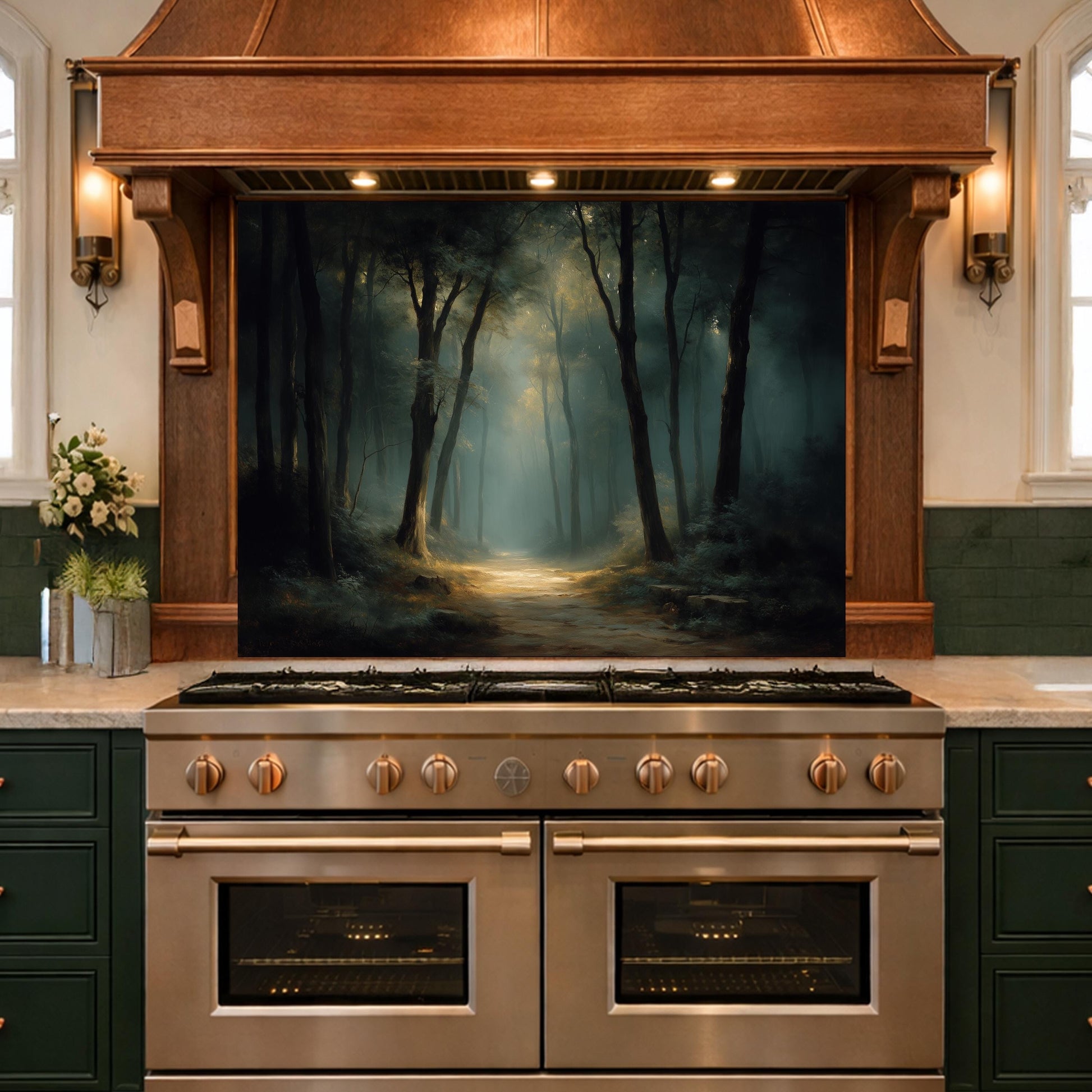 Vintage Forest Backsplash - Enchanted Woodland Glass Panel, Rustic Kitchen Stove Splashback, Nature-Inspired Wall Art