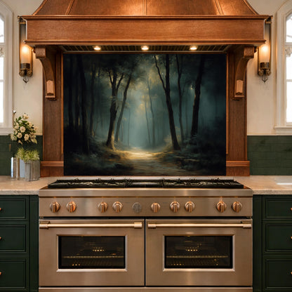 Vintage Forest Backsplash - Enchanted Woodland Glass Panel, Rustic Kitchen Stove Splashback, Nature-Inspired Wall Art