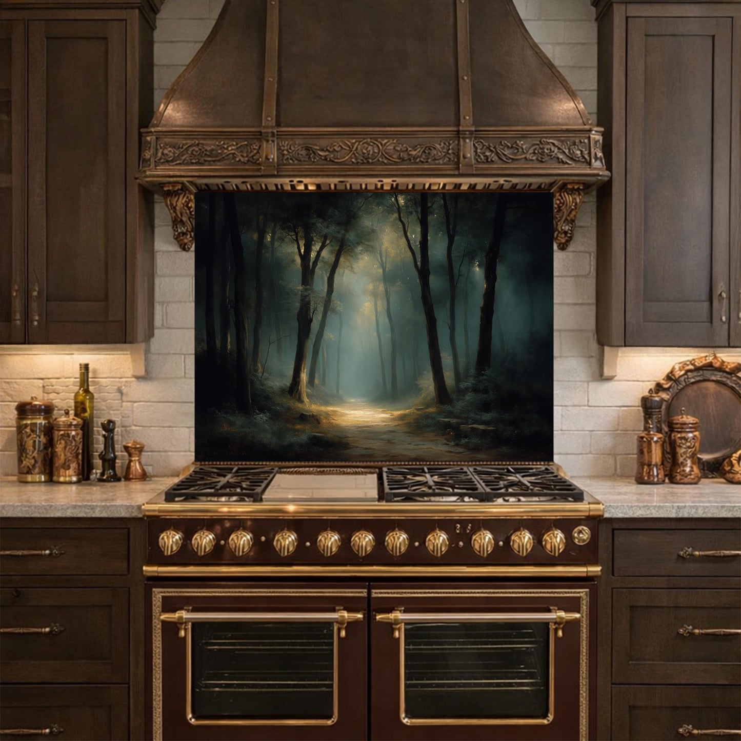 Vintage Forest Backsplash - Enchanted Woodland Glass Panel, Rustic Kitchen Stove Splashback, Nature-Inspired Wall Art