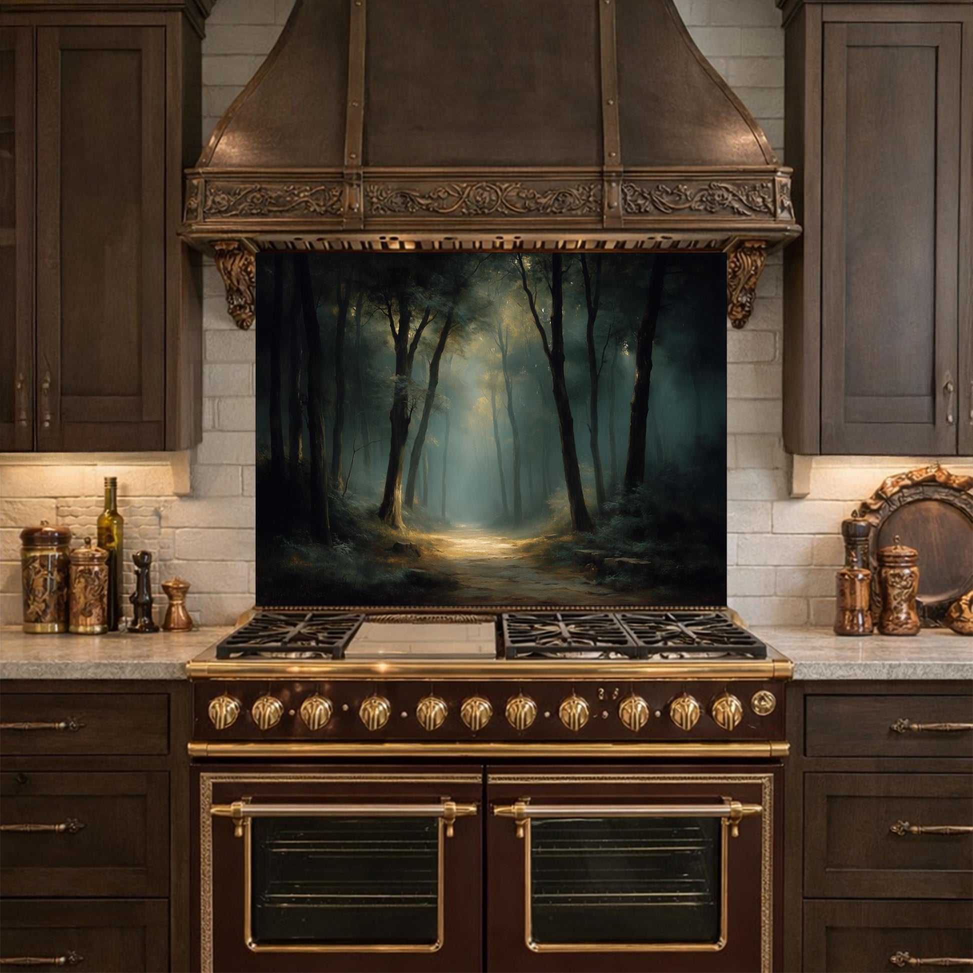 Vintage Forest Backsplash - Enchanted Woodland Glass Panel, Rustic Kitchen Stove Splashback, Nature-Inspired Wall Art