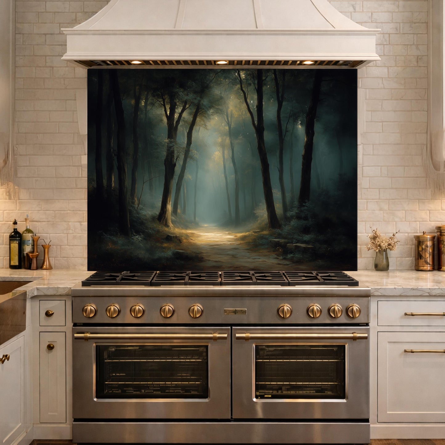 Vintage Forest Backsplash - Enchanted Woodland Glass Panel, Rustic Kitchen Stove Splashback, Nature-Inspired Wall Art