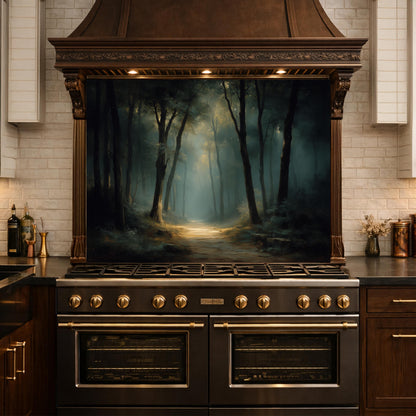 Vintage Forest Backsplash - Enchanted Woodland Glass Panel, Rustic Kitchen Stove Splashback, Nature-Inspired Wall Art