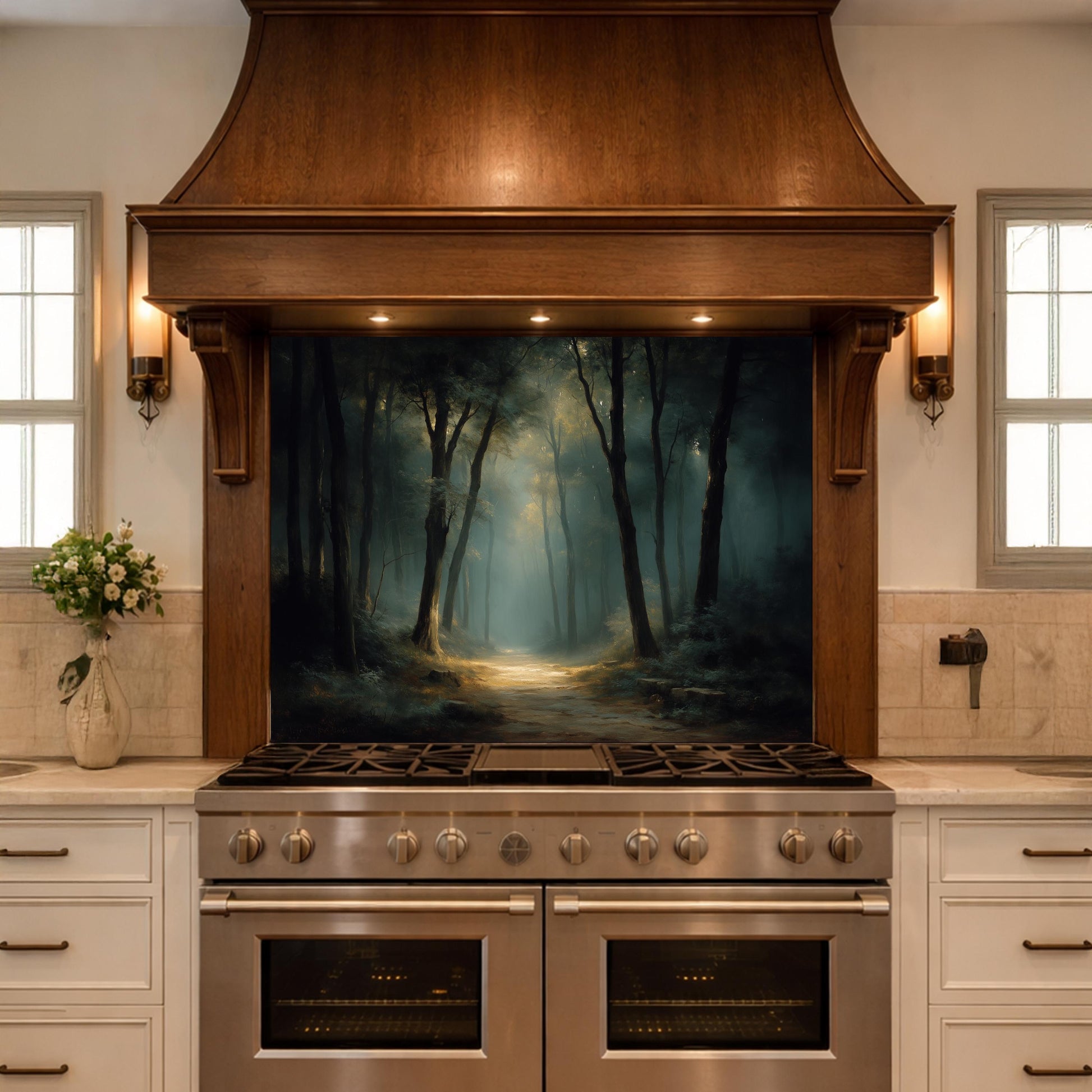 Vintage Forest Backsplash - Enchanted Woodland Glass Panel, Rustic Kitchen Stove Splashback, Nature-Inspired Wall Art