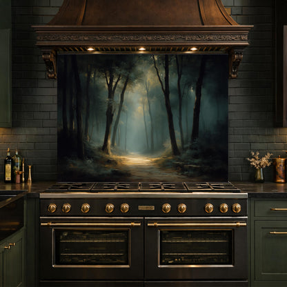 Vintage Forest Backsplash - Enchanted Woodland Glass Panel, Rustic Kitchen Stove Splashback, Nature-Inspired Wall Art