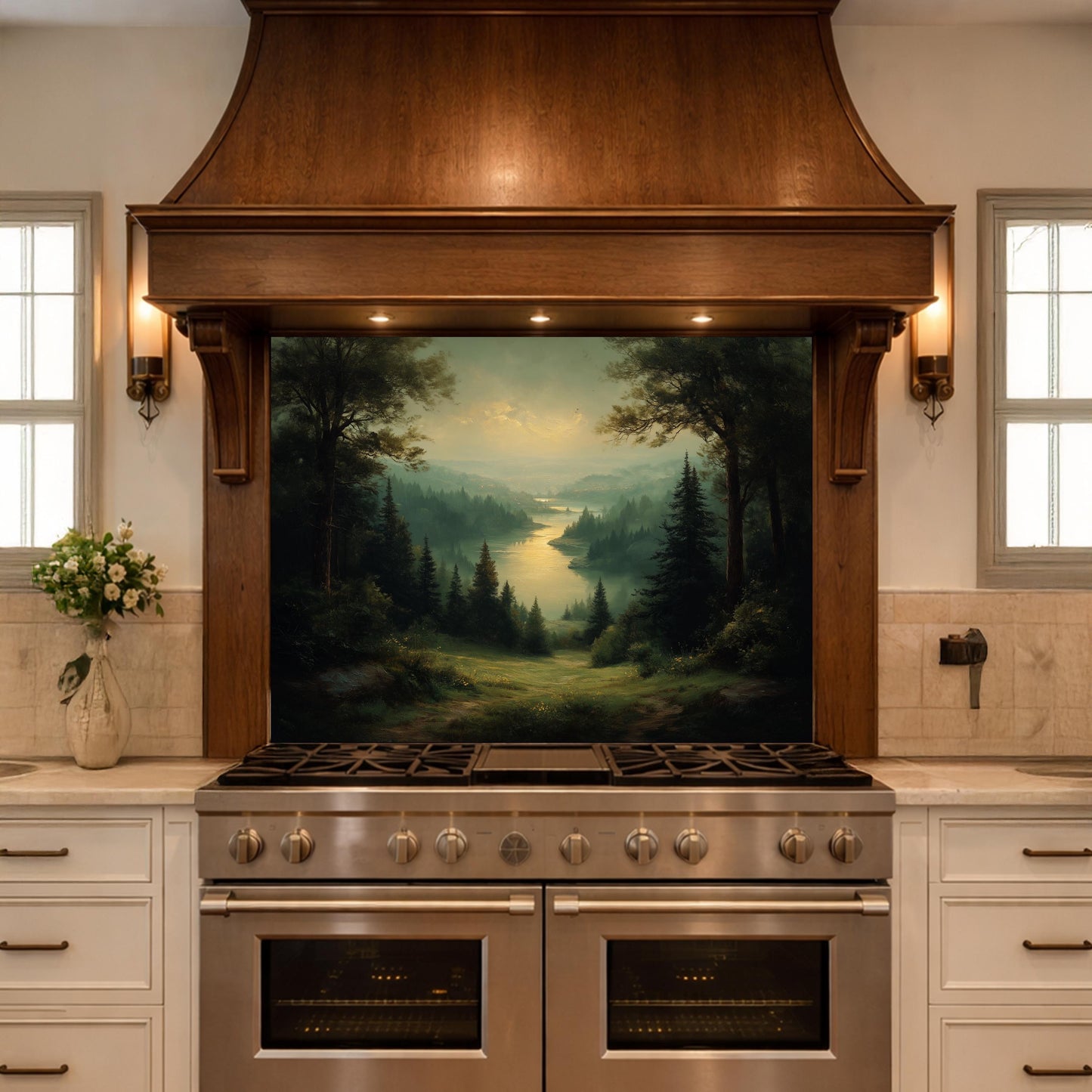 Vintage Forest Backsplash - Misty Woodland Scenic Glass Panel, Kitchen Stove Splashback, Nature-Inspired Art Tile