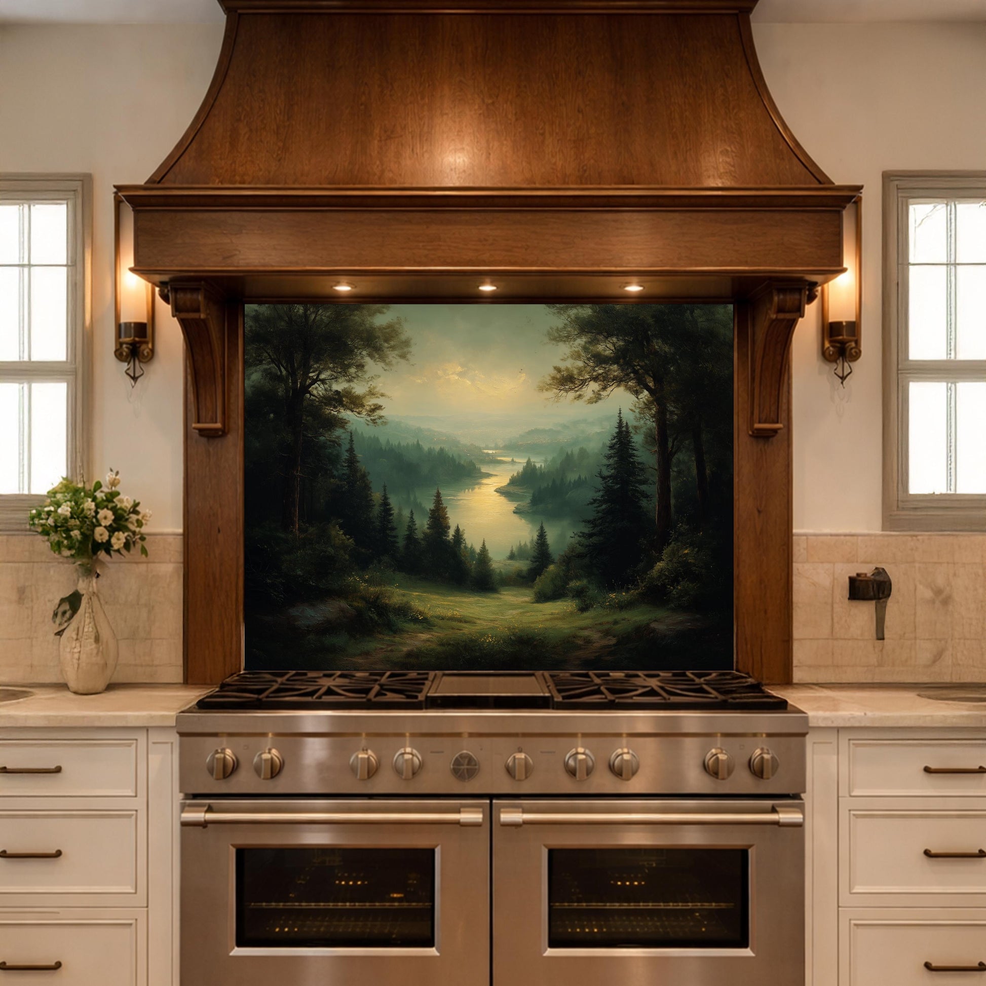 Vintage Forest Backsplash - Misty Woodland Scenic Glass Panel, Kitchen Stove Splashback, Nature-Inspired Art Tile