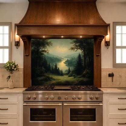 Vintage Forest Backsplash - Misty Woodland Scenic Glass Panel, Kitchen Stove Splashback, Nature-Inspired Art Tile