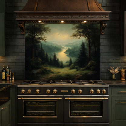 Vintage Forest Backsplash - Misty Woodland Scenic Glass Panel, Kitchen Stove Splashback, Nature-Inspired Art Tile