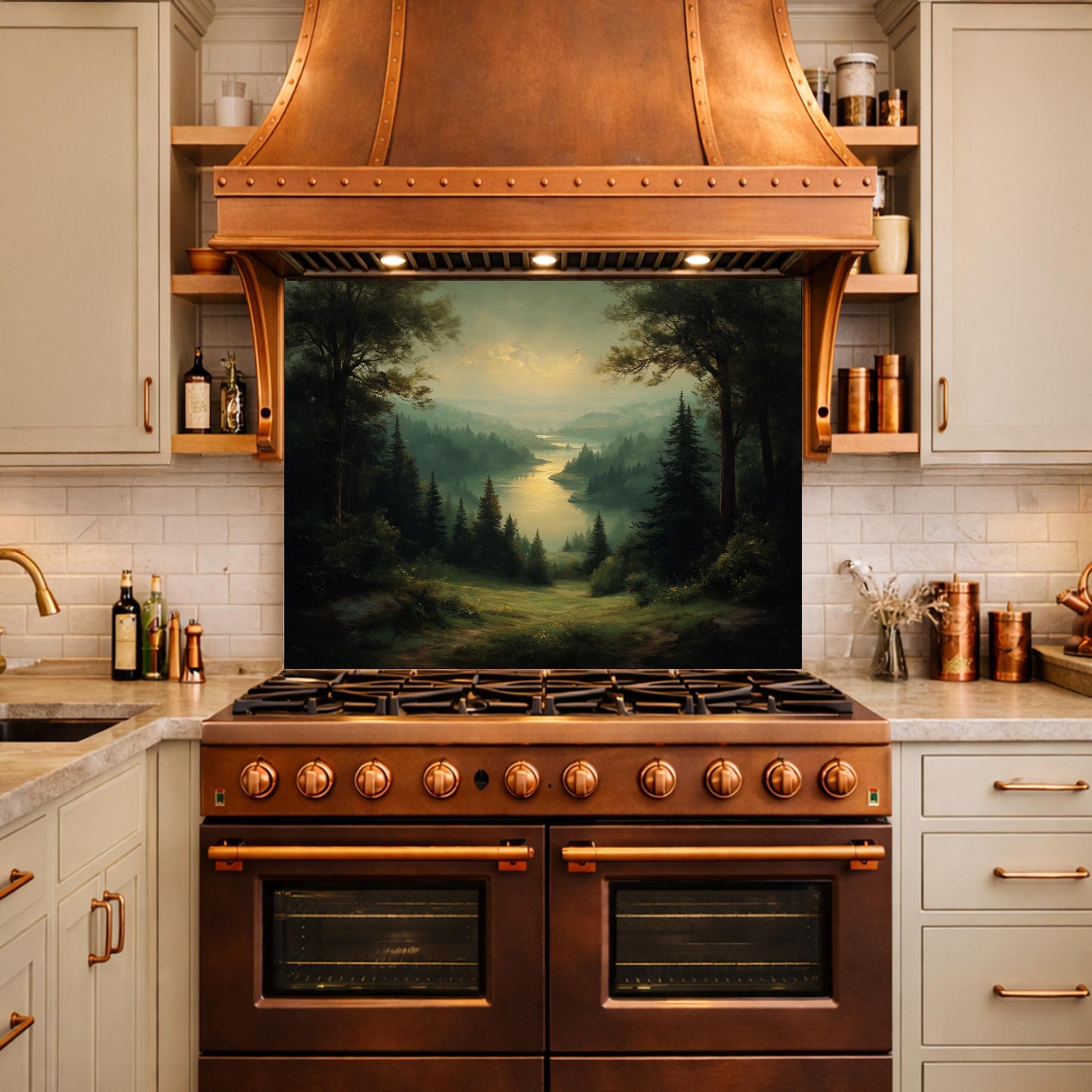 Vintage Forest Backsplash - Misty Woodland Scenic Glass Panel, Kitchen Stove Splashback, Nature-Inspired Art Tile