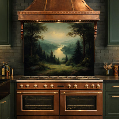 Vintage Forest Backsplash - Misty Woodland Scenic Glass Panel, Kitchen Stove Splashback, Nature-Inspired Art Tile