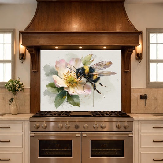 Bumblebee Kitchen Backsplash - Floral Watercolor Glass Panel, Stove Splashback, Artistic Nature Decor