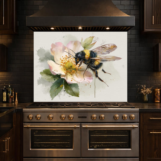 Bumblebee Kitchen Backsplash - Floral Watercolor Glass Panel, Stove Splashback, Artistic Nature Decor