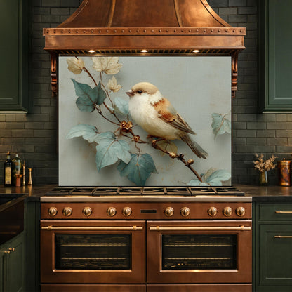 Sparrow Kitchen Backsplash - Oil Painting Floral Glass Panel, Stove Splashback, Nature Inspired Decor