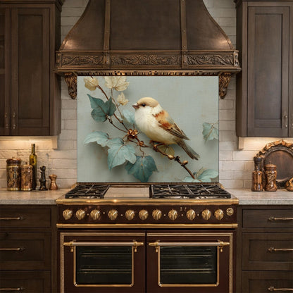 Sparrow Kitchen Backsplash - Oil Painting Floral Glass Panel, Stove Splashback, Nature Inspired Decor