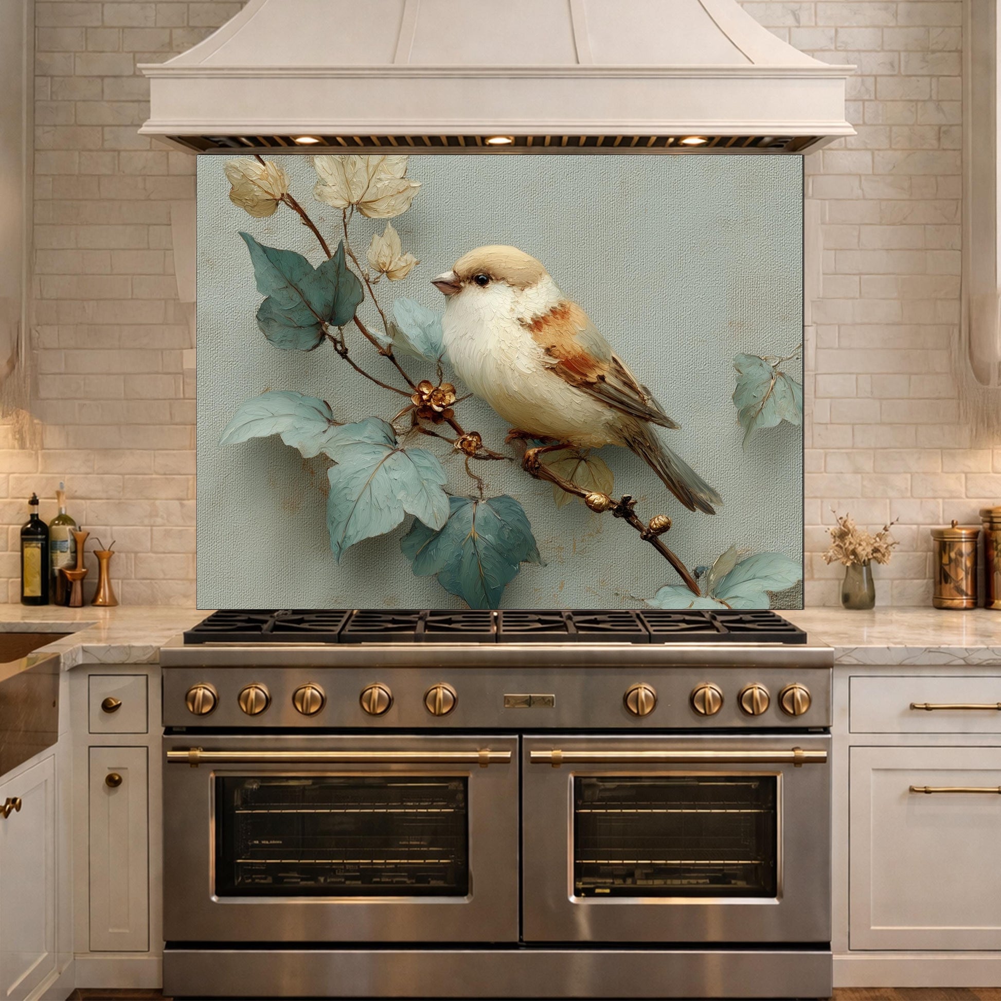 Sparrow Kitchen Backsplash - Oil Painting Floral Glass Panel, Stove Splashback, Nature Inspired Decor