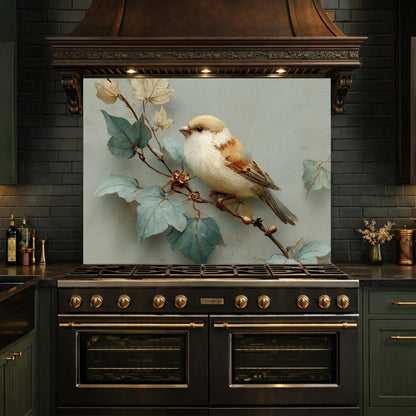 Sparrow Kitchen Backsplash - Oil Painting Floral Glass Panel, Stove Splashback, Nature Inspired Decor