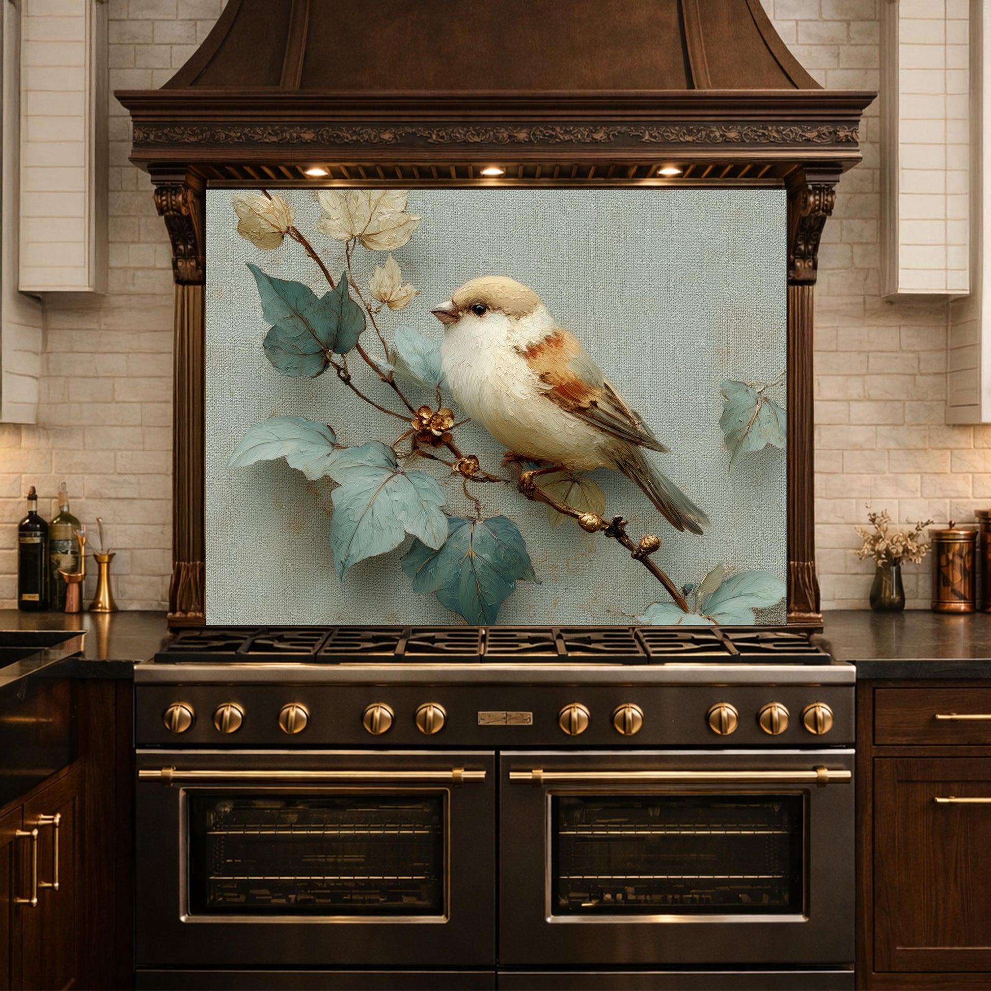 Sparrow Kitchen Backsplash - Oil Painting Floral Glass Panel, Stove Splashback, Nature Inspired Decor