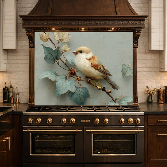 Sparrow Kitchen Backsplash - Oil Painting Floral Glass Panel, Stove Splashback, Nature Inspired Decor