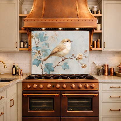Sparrow Kitchen Backsplash, Textured Oil Painting Glass Panel, Stove Splashback, Nature Inspired Decor