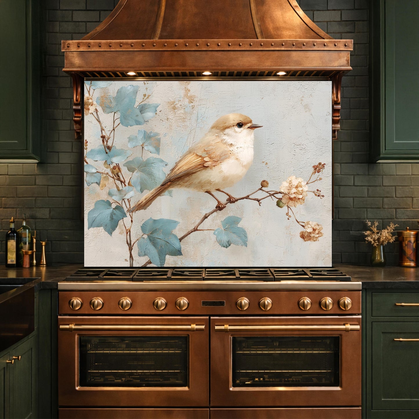 Sparrow Kitchen Backsplash, Textured Oil Painting Glass Panel, Stove Splashback, Nature Inspired Decor