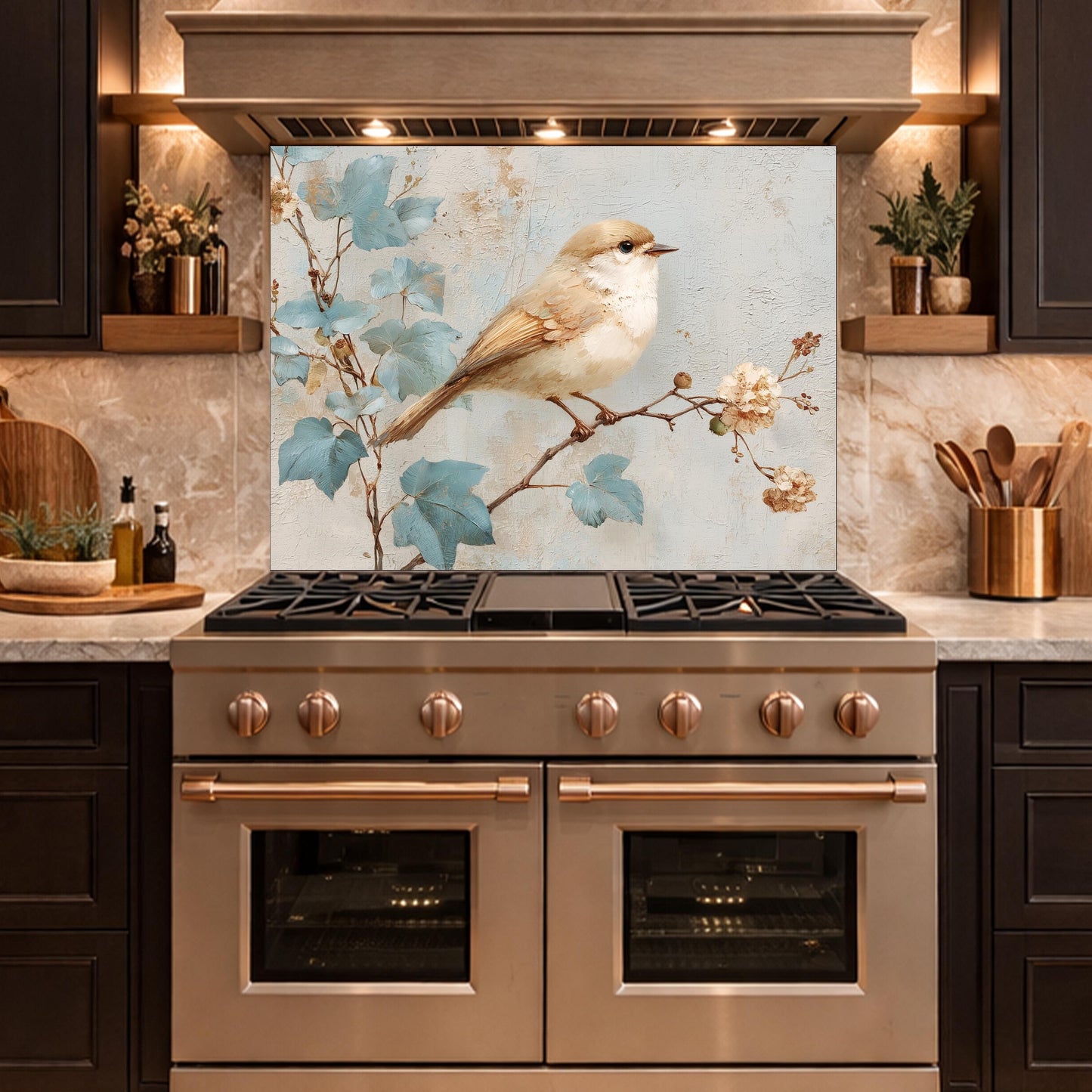 Sparrow Kitchen Backsplash, Textured Oil Painting Glass Panel, Stove Splashback, Nature Inspired Decor