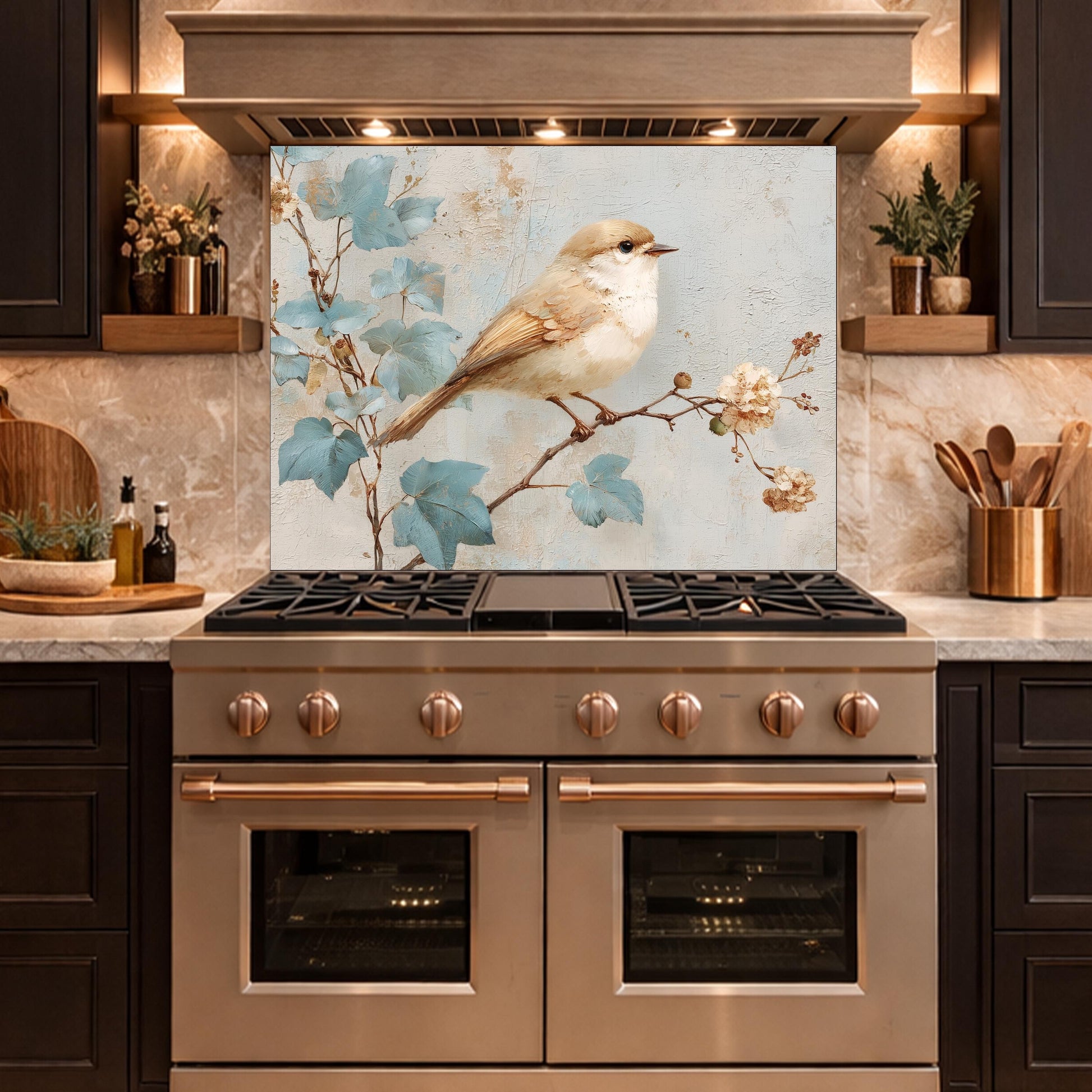 Sparrow Kitchen Backsplash, Textured Oil Painting Glass Panel, Stove Splashback, Nature Inspired Decor