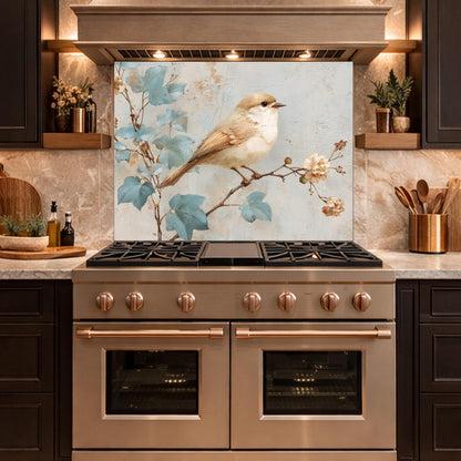 Sparrow Kitchen Backsplash, Textured Oil Painting Glass Panel, Stove Splashback, Nature Inspired Decor