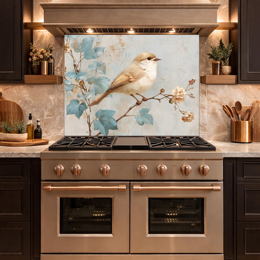 Sparrow Kitchen Backsplash, Textured Oil Painting Glass Panel, Stove Splashback, Nature Inspired Decor
