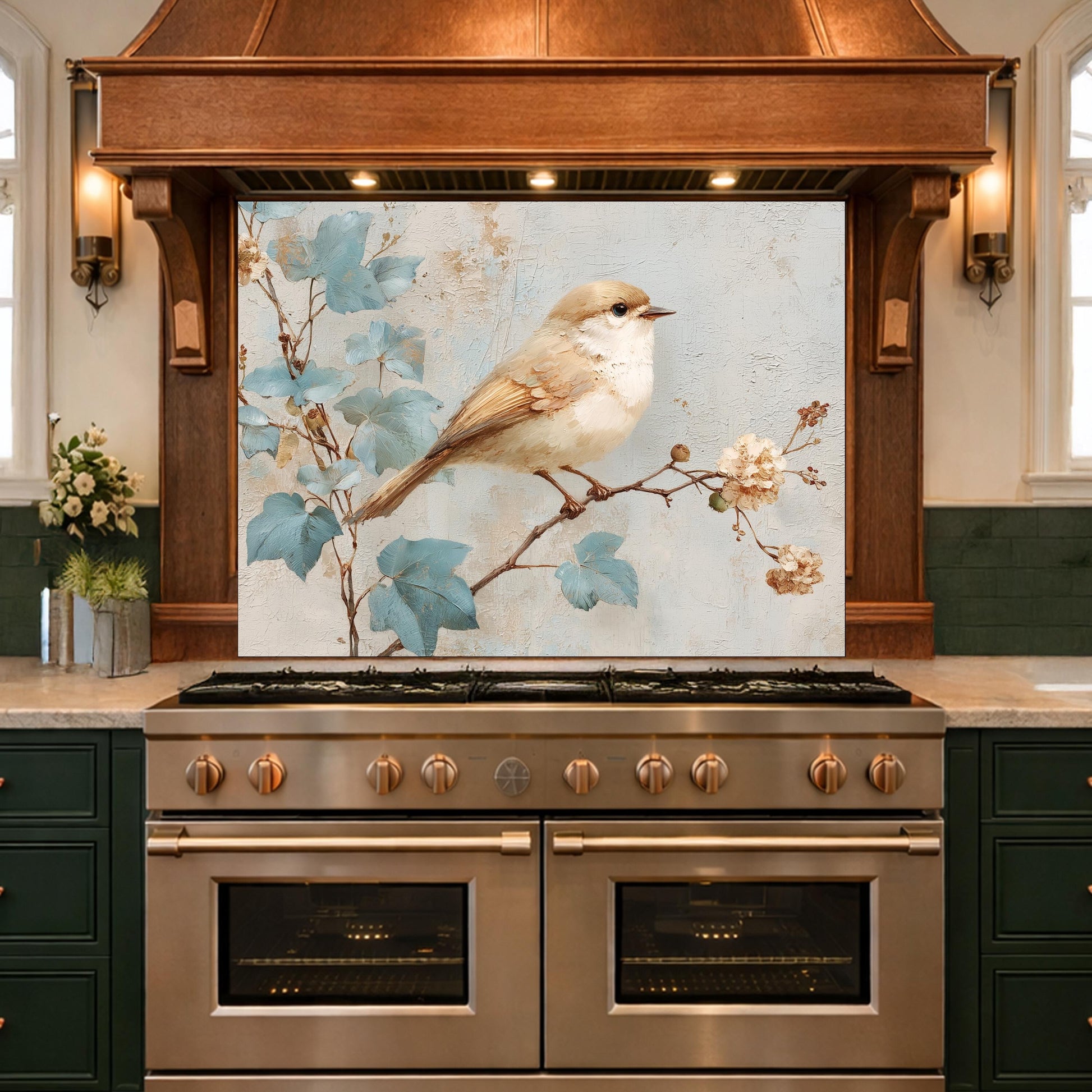 Sparrow Kitchen Backsplash, Textured Oil Painting Glass Panel, Stove Splashback, Nature Inspired Decor