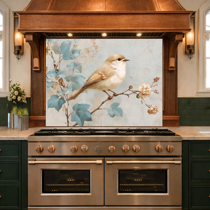 Sparrow Kitchen Backsplash, Textured Oil Painting Glass Panel, Stove Splashback, Nature Inspired Decor