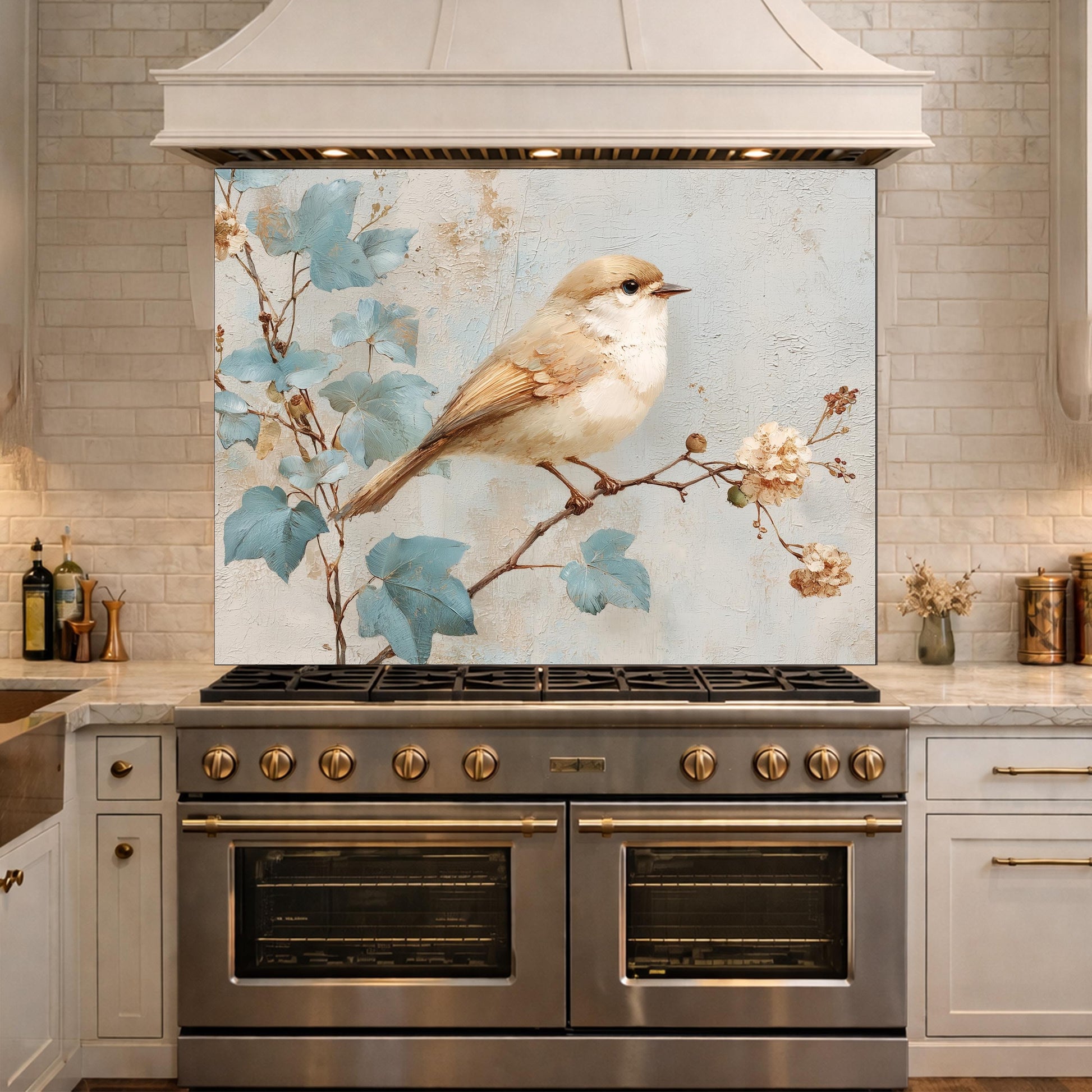 Sparrow Kitchen Backsplash, Textured Oil Painting Glass Panel, Stove Splashback, Nature Inspired Decor