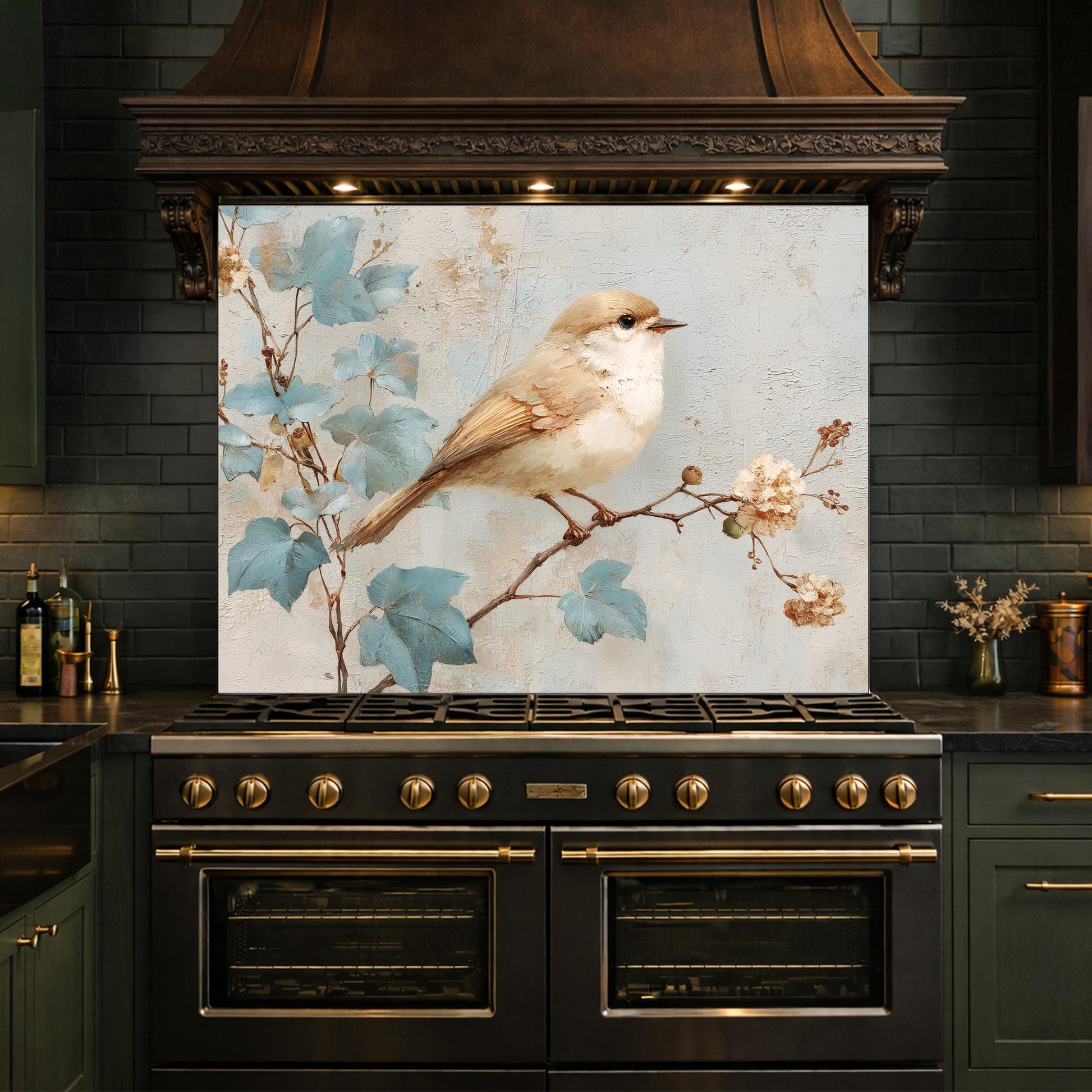 Sparrow Kitchen Backsplash, Textured Oil Painting Glass Panel, Stove Splashback, Nature Inspired Decor