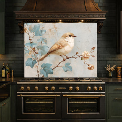 Sparrow Kitchen Backsplash, Textured Oil Painting Glass Panel, Stove Splashback, Nature Inspired Decor