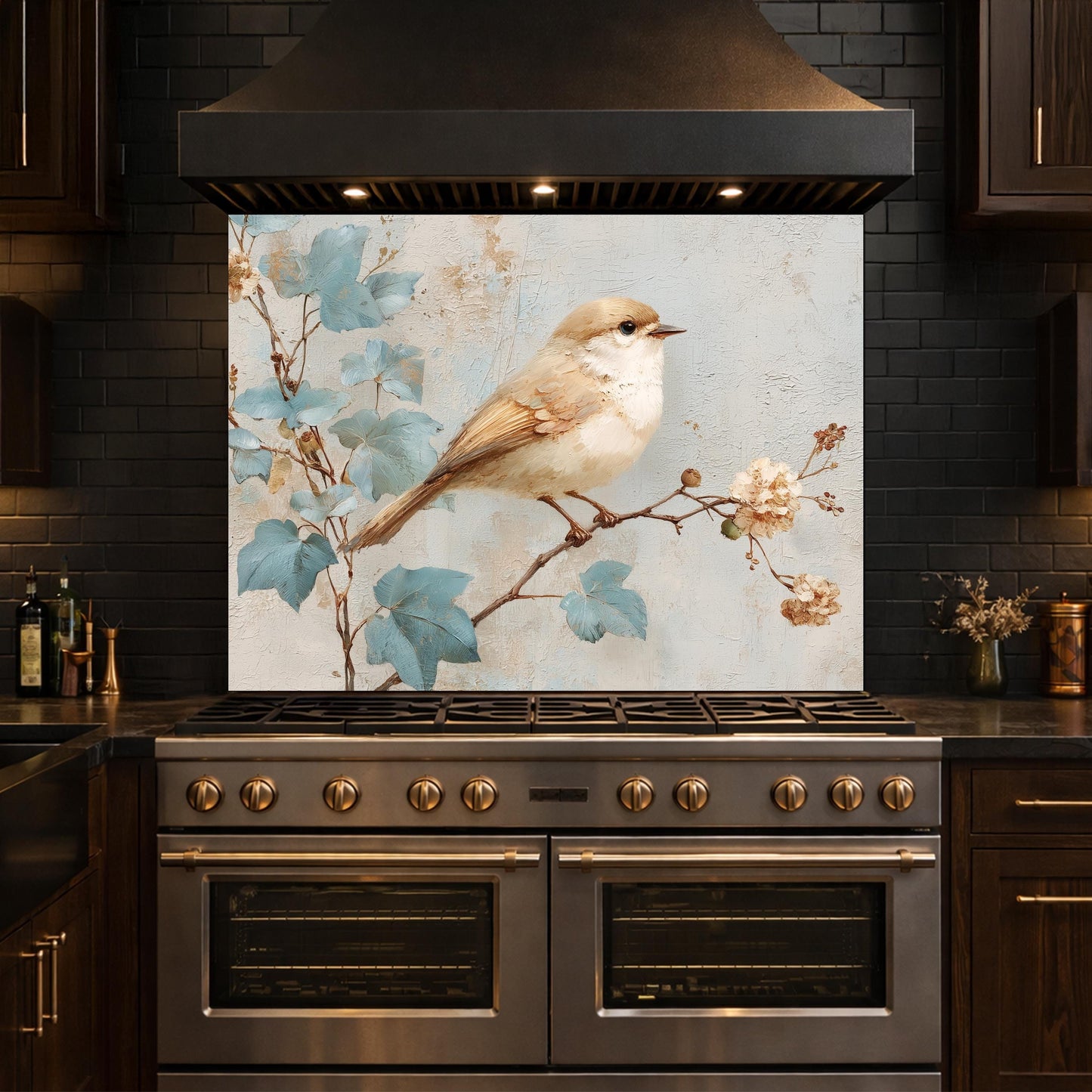 Sparrow Kitchen Backsplash, Textured Oil Painting Glass Panel, Stove Splashback, Nature Inspired Decor
