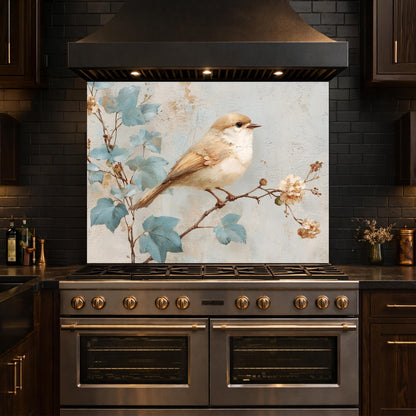 Sparrow Kitchen Backsplash, Textured Oil Painting Glass Panel, Stove Splashback, Nature Inspired Decor
