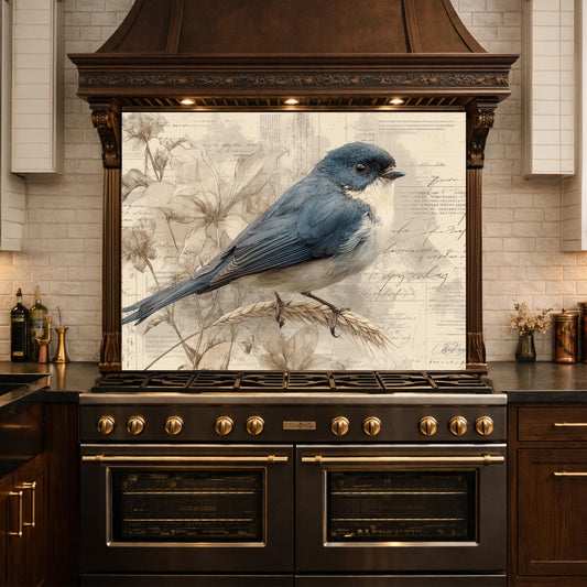 Bluebird Kitchen Backsplash, Vintage Floral Glass Panel, Stove Splashback, Nature Inspired Decor