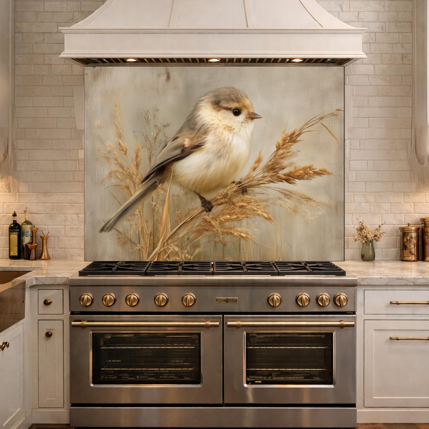 Hand Painted Bird Kitchen Backsplash, Tempered Glass Wall Art, Floral Nature Decor, Modern Home