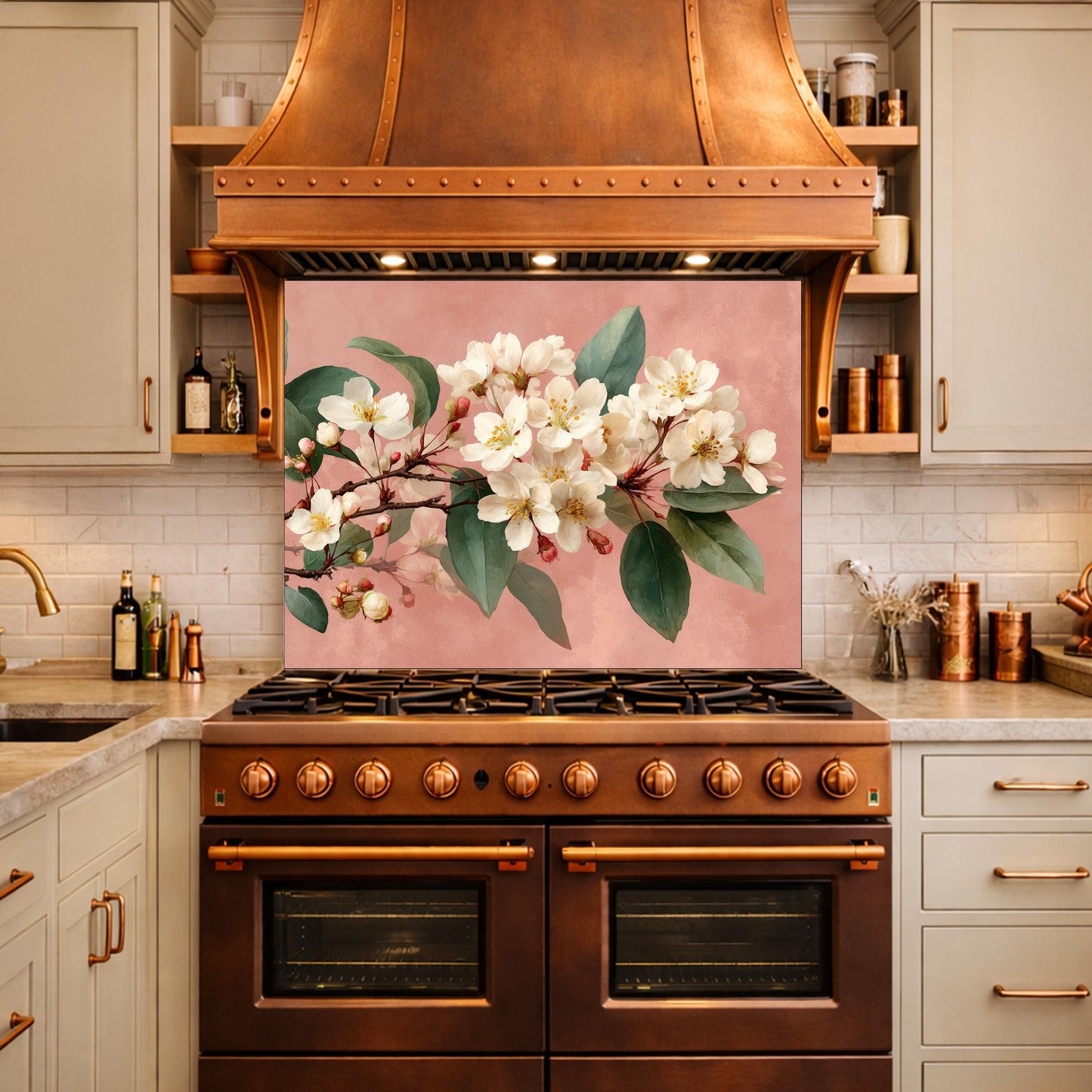 Cherry Blossom Glass Backsplash, Kitchen Wall Panel, Floral Tempered Glass Art