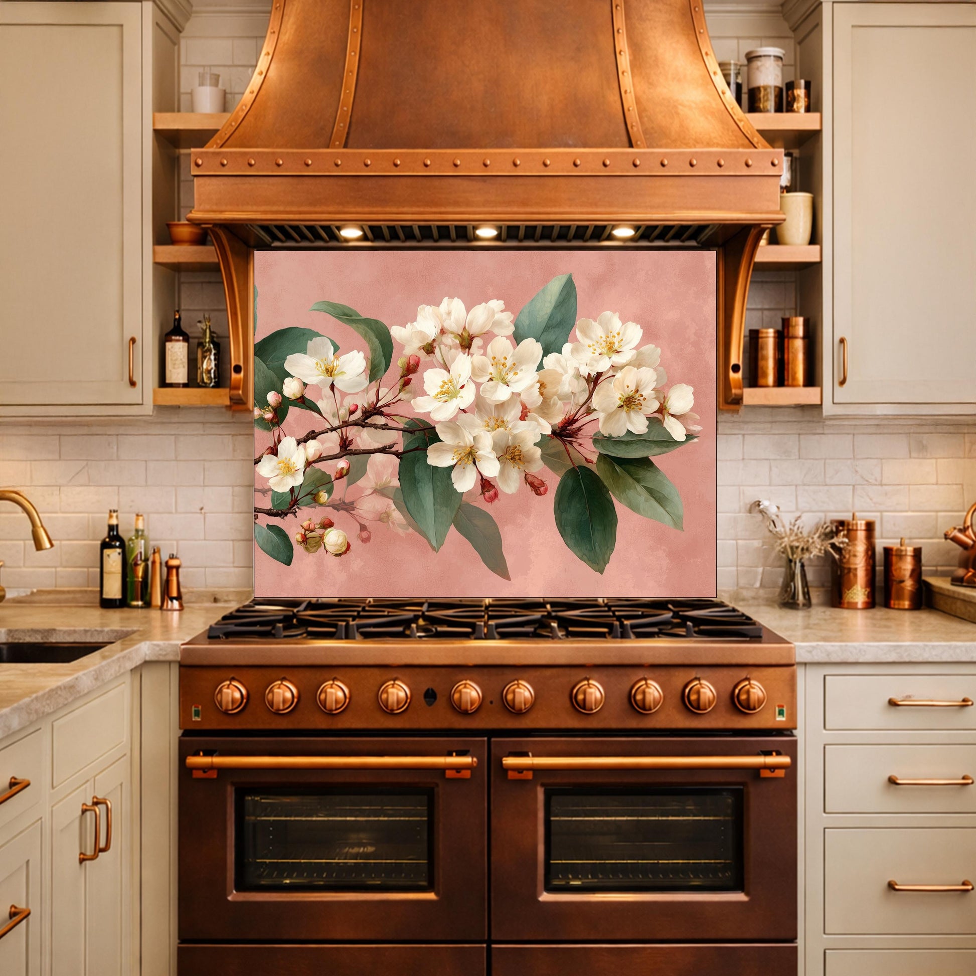 Cherry Blossom Glass Backsplash, Kitchen Wall Panel, Floral Tempered Glass Art