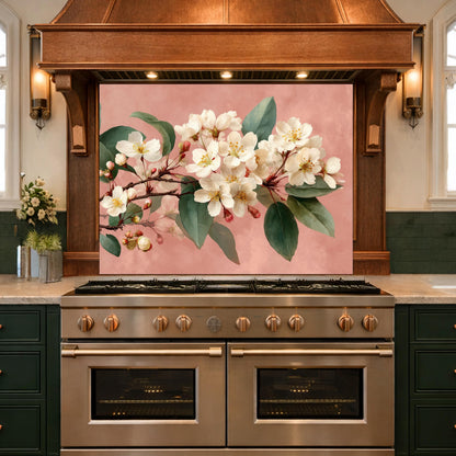 Cherry Blossom Glass Backsplash, Kitchen Wall Panel, Floral Tempered Glass Art