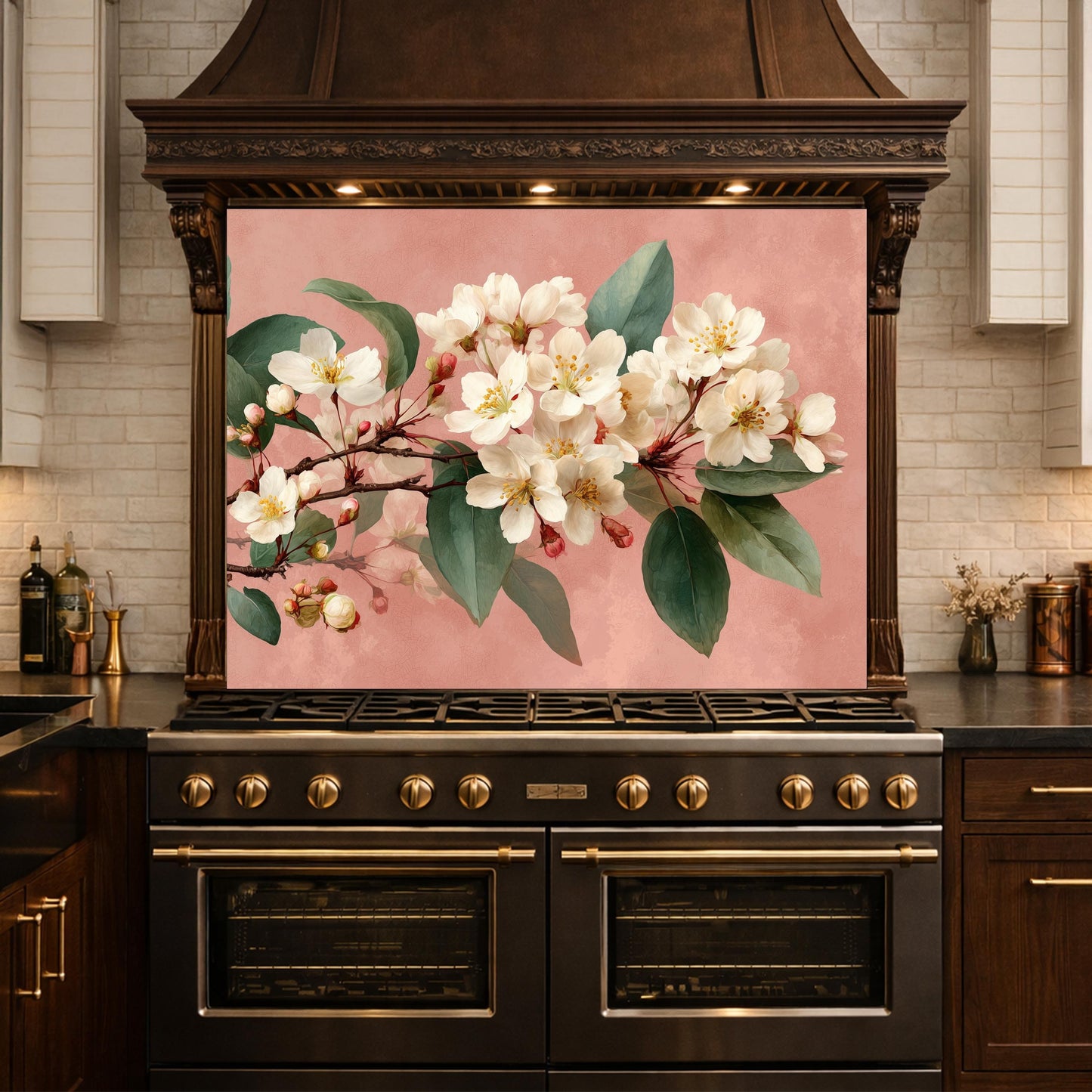 Cherry Blossom Glass Backsplash, Kitchen Wall Panel, Floral Tempered Glass Art